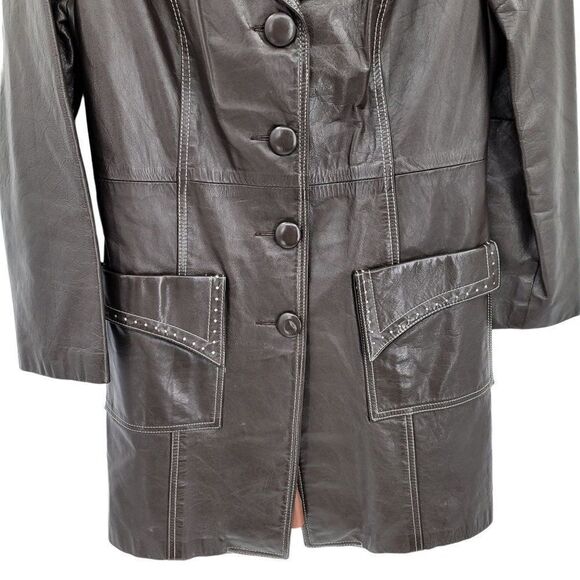Vtg 70's Womens Leather Trench Coat Cowgirl Western Contrast Stitching Brown S - Picture 6 of 11